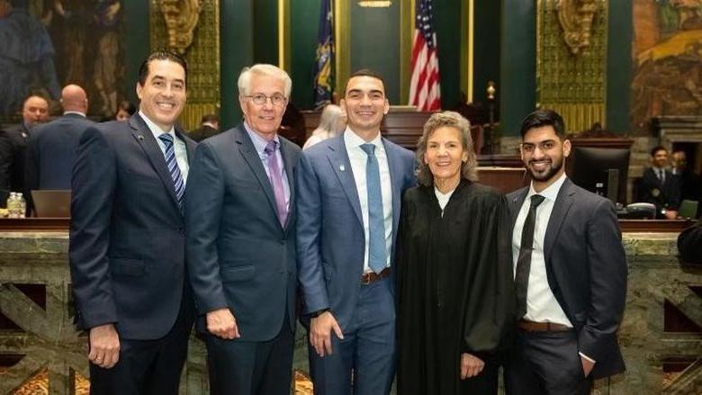 Senator Nick Miller (center) with Previn Joseph, 米勒的母亲, Lehigh County Judge Michele Varricchio, 迈克Krajsa, 还有Chris LaBonge