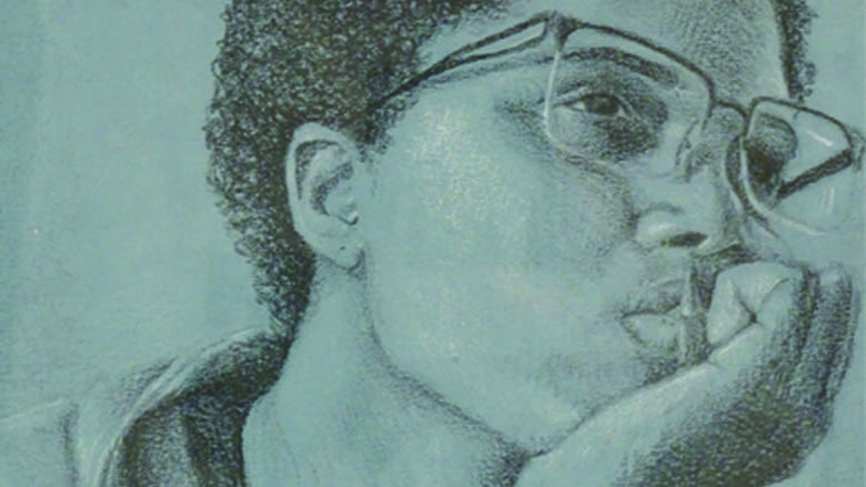 pencil drawing of a student with glasses